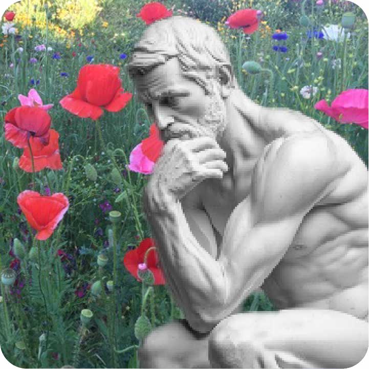 thinking man with flowers